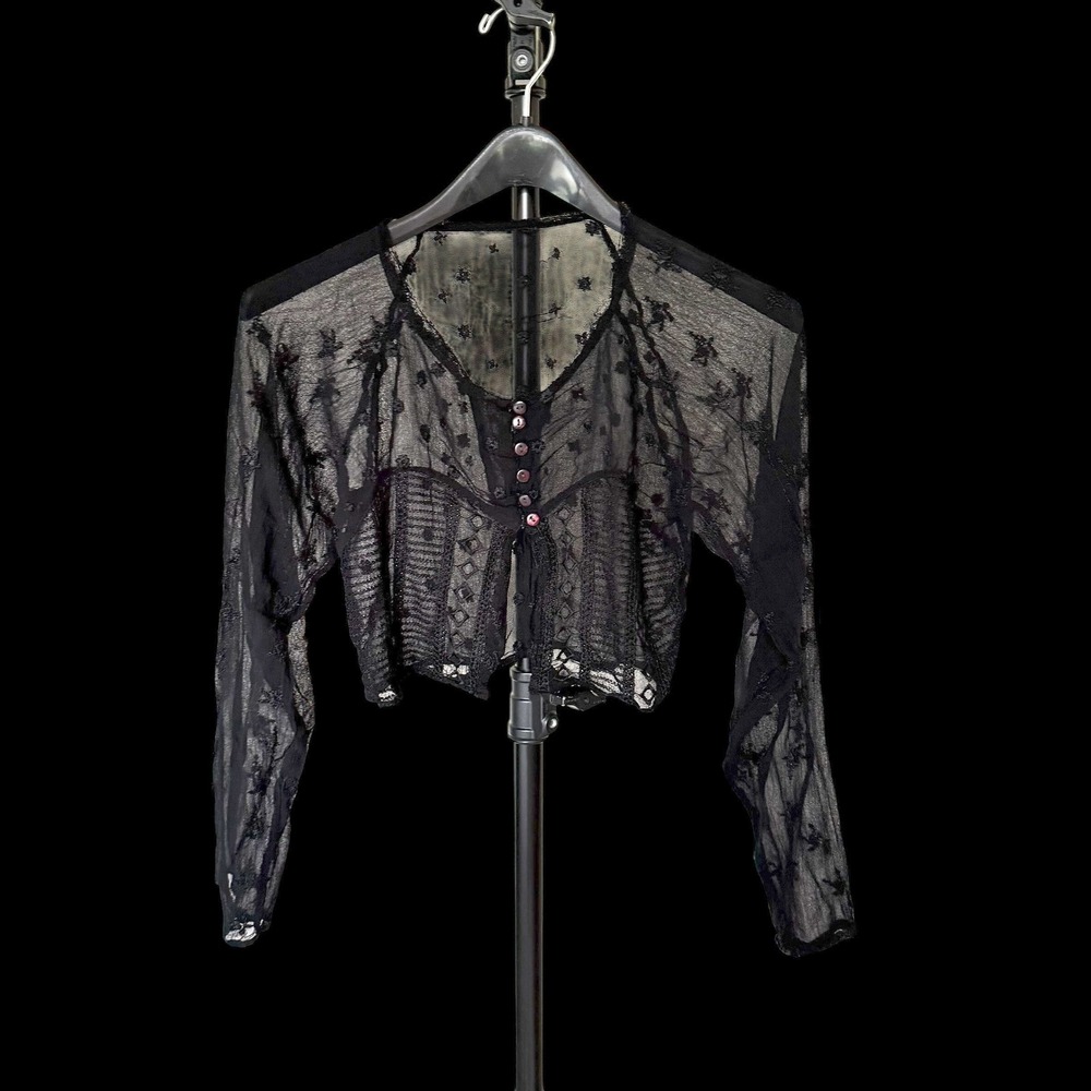 Unbranded Sheer Black Embroidered Lace Cropped Cardigan Button Front Top Small